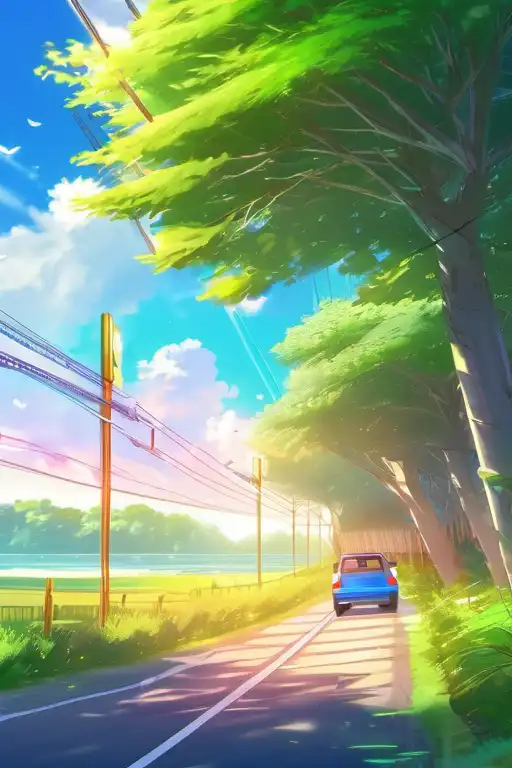 anime artwork road summer, trip style, soft lightning, green trees, photorealistic render . anime style, key visual, vibrant, studio anime, highly detailed
