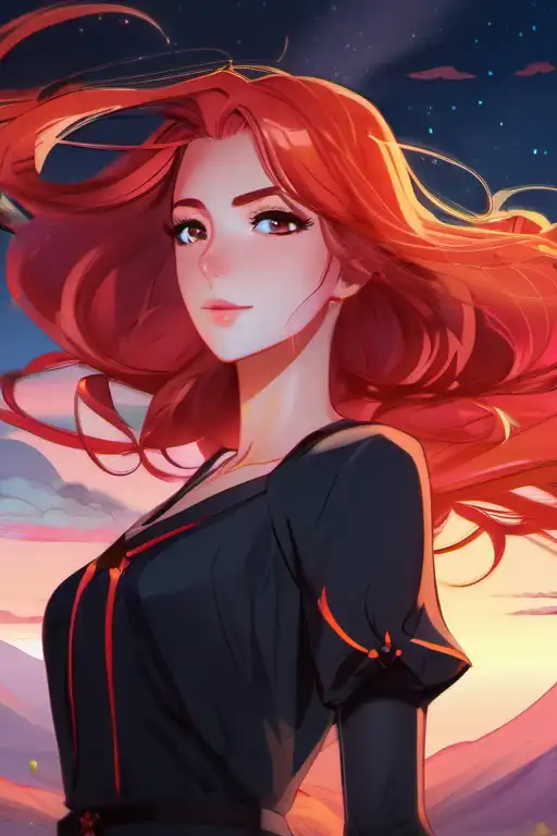 anime artwork red haired female in a black dress flying through the sky, realistic character concept