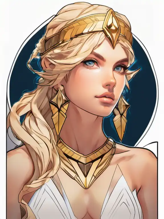 anime artwork tattoo sketch of blonde super model aphrodite greek goddess wearing a gold laurel wreath and triangle earrings, beautiful piercing gaze with sharp pupils
