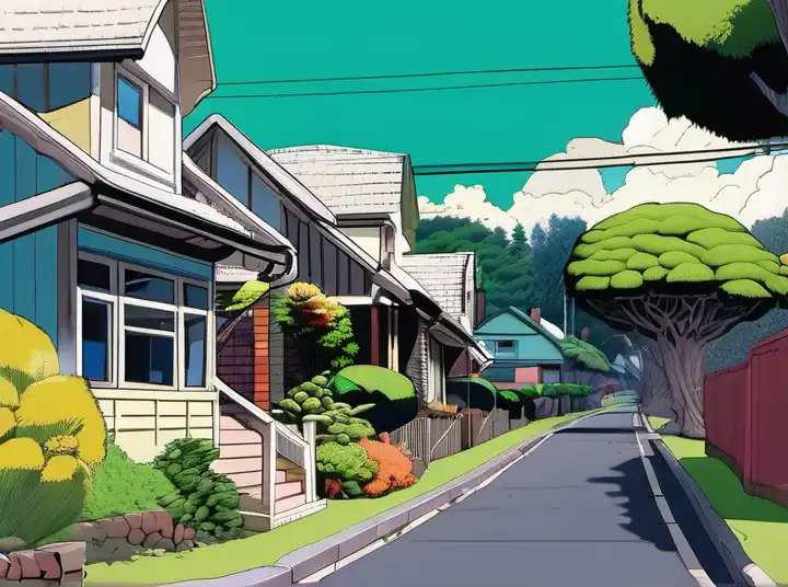 anime artwork photo of a suburban street in wellington, new zealand. quaint cottages interspersed with an ancient remnant lowland podocarp broadleaf forest full of enormous trees with astelia epiphytes and vines. rimu