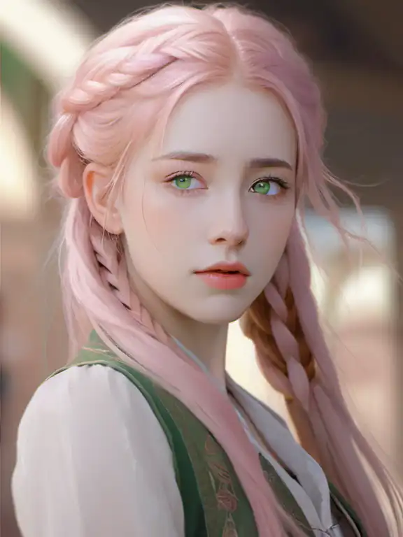 young woman with green eyes and long pink hair in braids, intricate