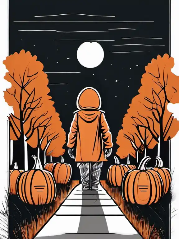 line art drawing sam from trick r treat, stands in front of pumpkin filled lawn at night