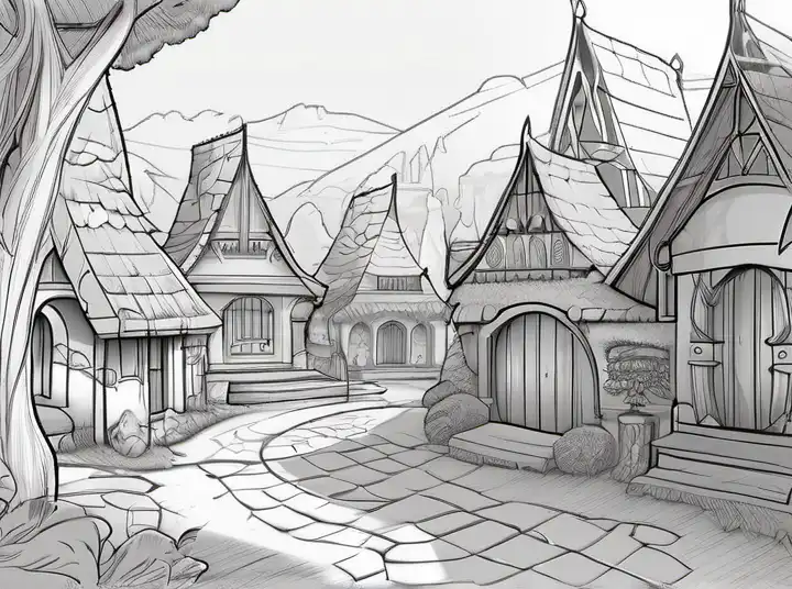line art drawing high fantasy magical elven town village, gilroy gardens