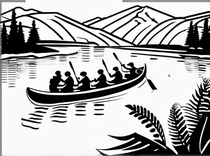 line art drawing river rafting by hokusai . professional, sleek