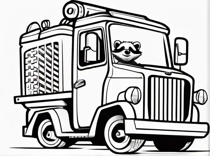 line art drawing cute and funny, racoon wearing goggles driving a tiny garbage truck