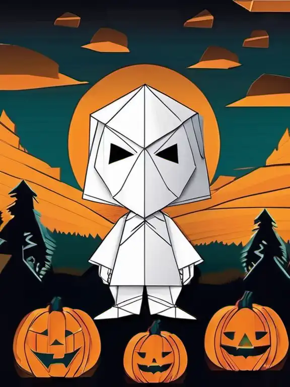 origami style sam from trick r treat, stands in front of pumpkin filled lawn at night