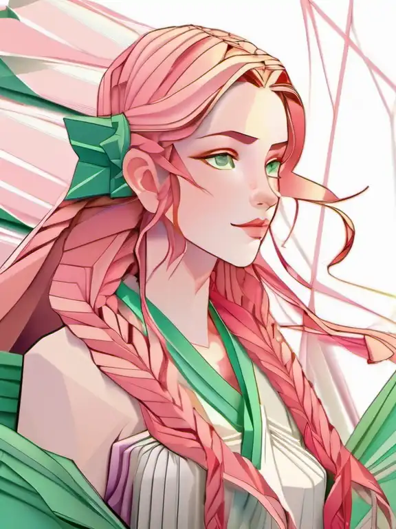 origami style young woman with green eyes and long pink hair in braids, intricate