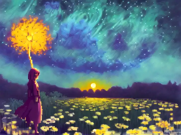 giant daisy flower head, girl walking in a moonlit forest