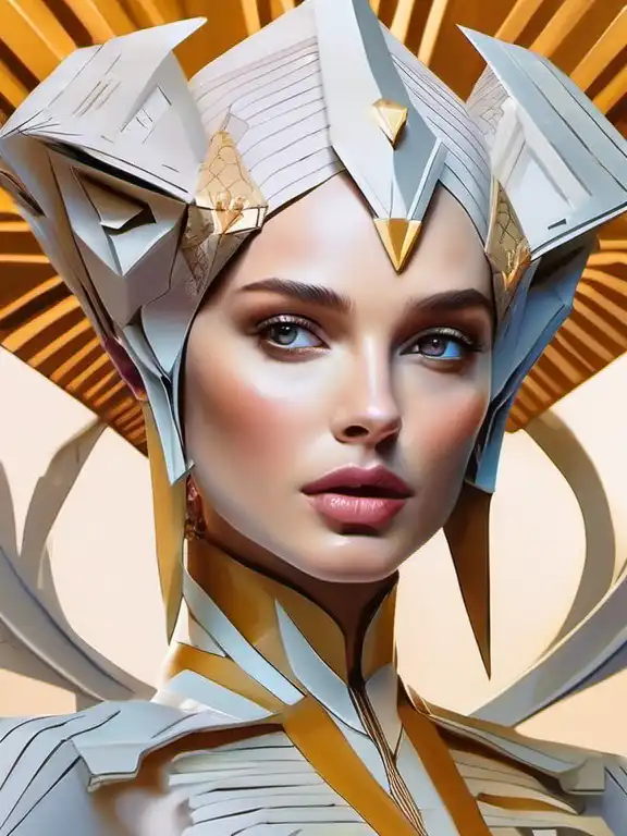 origami style beautiful fantasy character portrait, natalie portman mixed with megan fox