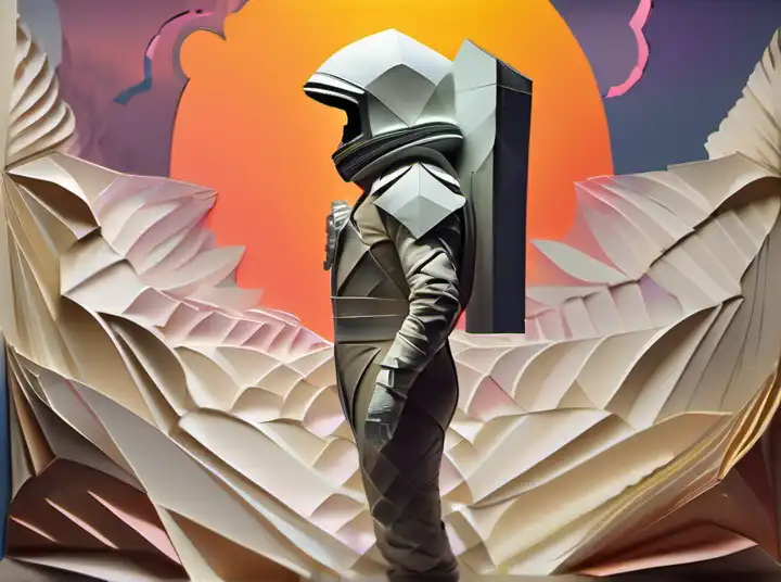 origami style a detailed profile oil painting of an explorer in a spacesuit with reflective helmet, flight suit