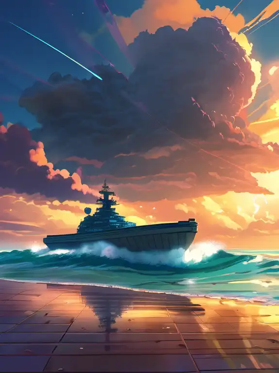 anime artwork establishing shot of a fishing boat on stormy seas, a gigantic star destroyer spaceship in the storm clouds flying overhead