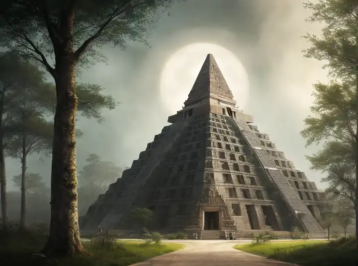 a neoclassical tower with dome on a magical gloomy mystical forest, next to a beatiful aztec pyramid. by frank lloyd wright