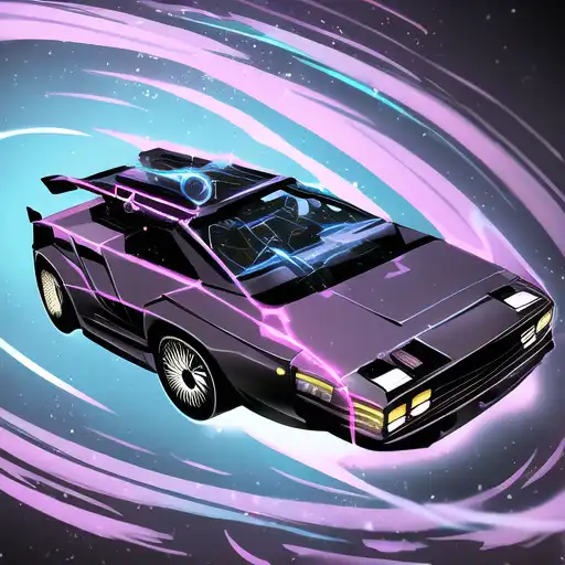 a cyberpunk delorean breaking the space - time continuum, energy and time particles