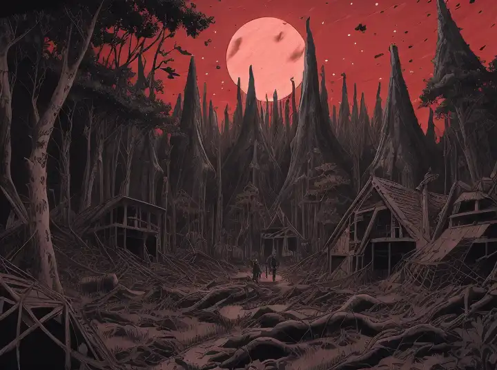 a landscape of a forest at hell by takeshi obata and mike mignola, hell