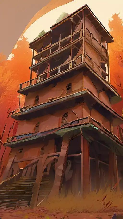 anime artwork close - up selfie shot of dwarf fat - tailed jerboa with rusty broken building constructions of a giant staircase for multiple cases, leading to the sky
