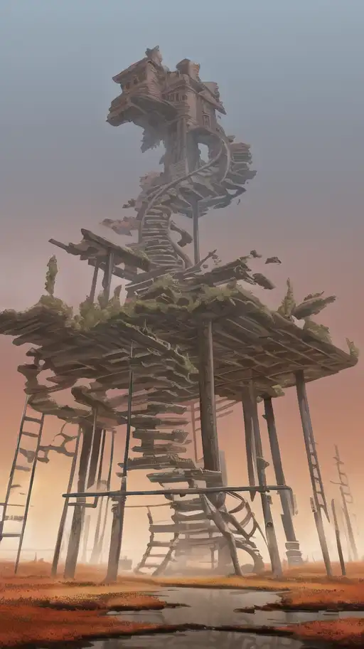 close - up selfie shot of dwarf fat - tailed jerboa with rusty broken building constructions of a giant staircase for multiple cases, leading to the sky